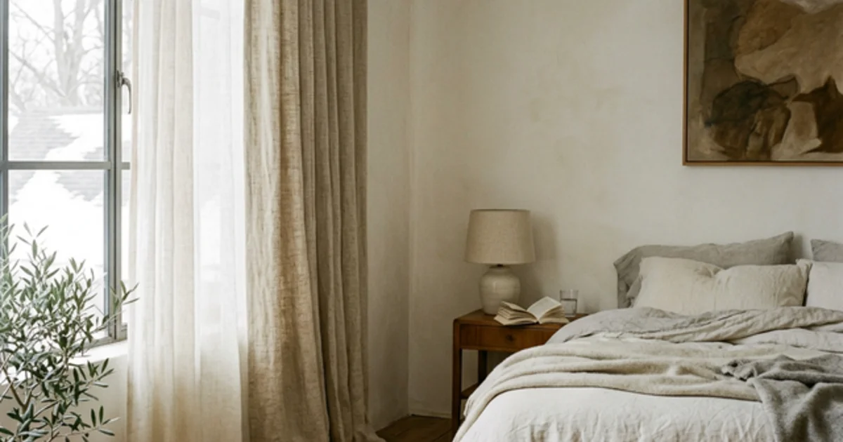 Chambre avec doubles rideaux — voile blanc et rideau en lin épais, lumière douce de février