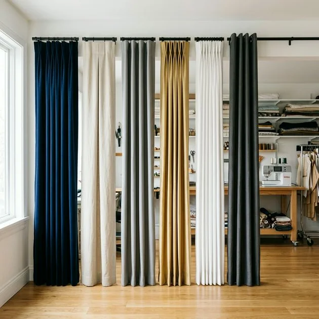 Six panneaux de rideaux sur mesure suspendus côte à côte dans un atelier de couture à Sherbrooke, chacun montrant un type de pli différent : pli flamand en velours bleu marine, pli plat en lin beige, pli wave en coton gris, pli gobelet en soie dorée, pli pincé en coton blanc, oeillets en lin anthracite, éclairage d'atelier naturel