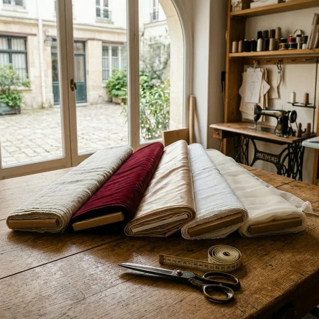 Table d'atelier de couture à Sherbrooke avec cinq rouleaux de tissu disposés en éventail : lin naturel écru, velours bordeaux profond, soie champagne chatoyante, coton blanc texturé et voilage ivoire transparent, ciseaux de couturière et mètre ruban en premier plan, lumière d'atelier chaude