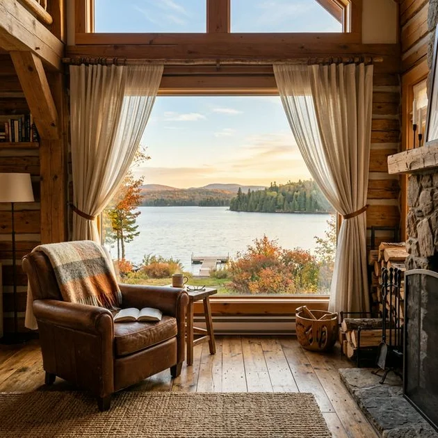 Intérieur chaleureux d'un chalet en bois au bord du lac Memphrémagog en Estrie, fenêtre panoramique habillée de rideaux en lin naturel écru sur tringle en bois, vue sur le lac à travers le voilage, plancher en bois rustique, fauteuil confortable, lumière d'après-midi dorée