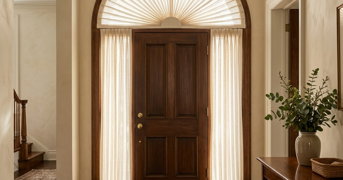 Intérieur résidentiel lumineux avec une fenêtre demi-lune au-dessus d'une porte d'entrée, habillée d'un pli rayonnant artisanal en lin écru qui s'ouvre comme un éventail depuis le centre supérieur, finition tailleur à la base, mur en plâtre crème, plancher en bois foncé, lumière du matin qui traverse le tissu fin