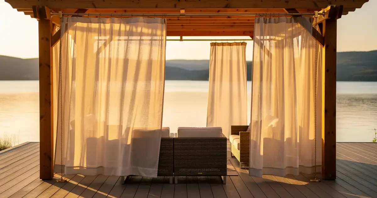 Pergola en bois d'un chalet au bord du lac Memphrémagog en Estrie au soleil couchant, rideaux voilages en lin écru légers accrochés sur les quatre côtés qui ondulent doucement dans la brise, tringle outdoor discrète, vue sur l'eau à travers le voilage, mobilier de terrasse en rotin, lumière dorée de fin de journée