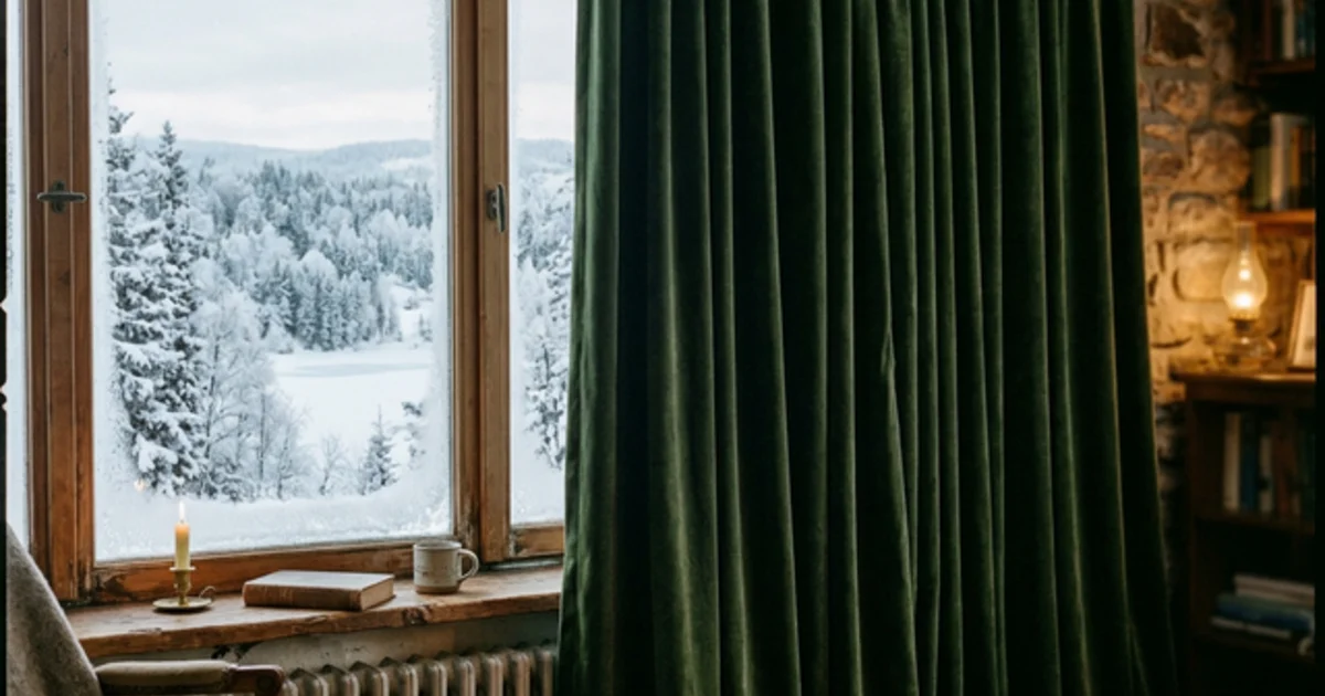 Rideaux doublés en velours profond devant une fenêtre enneigée à Sherbrooke