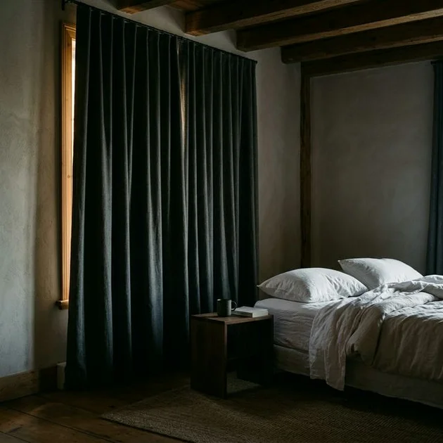 Chambre à coucher élégante à Sherbrooke plongée dans une obscurité totale grâce à des rideaux occultants sur mesure en tissu triple-tissage gris anthracite, un mince filet de lumière dorée visible sur le bord du cadre de fenêtre, literie blanche, ambiance calme et reposante