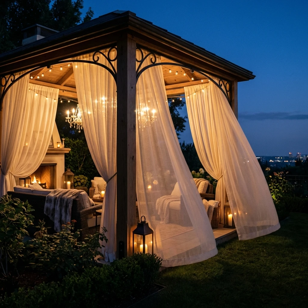 Voilages extérieurs résistants à l'eau pour gazebo de luxe en soirée