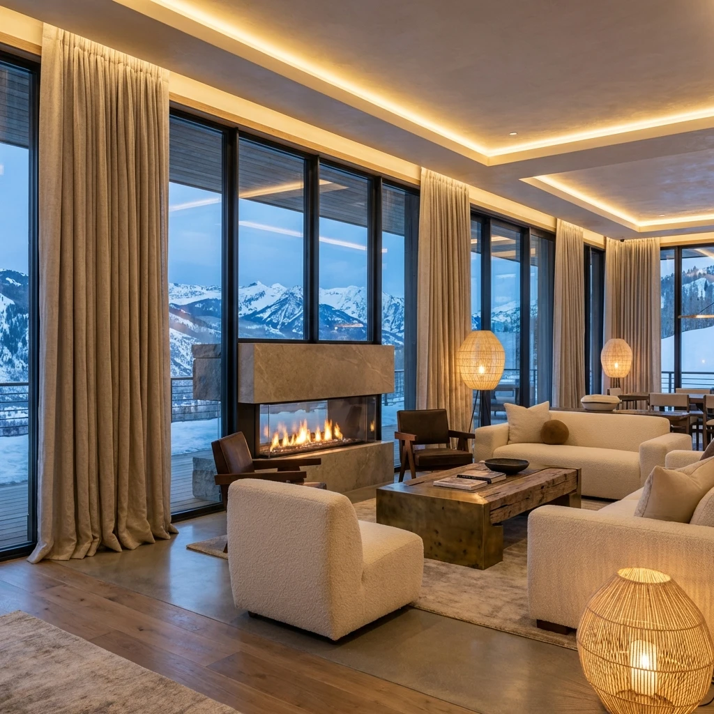 Habillage de fenêtres double hauteur en lin pour refuge alpin moderne en Estrie