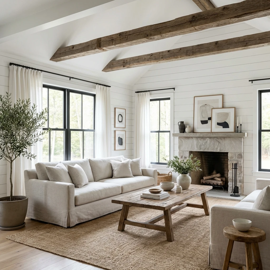 Rideaux en lin naturel sur mesure pour résidence de style farmhouse moderne à Sherbrooke