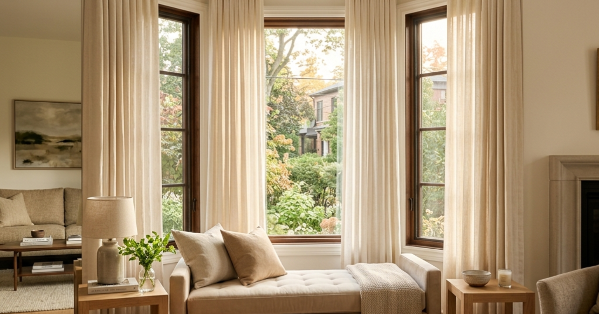 Salon élégant d'une maison résidentielle québécoise avec une grande baie window à trois facettes habillée de rideaux en lin naturel crème à plis wave continus sur une tringle cintrée sur mesure, banquette en velours beige devant les trois fenêtres, plancher de chêne clair, tables d'appoint en bois, lumière naturelle abondante de fin d'après-midi