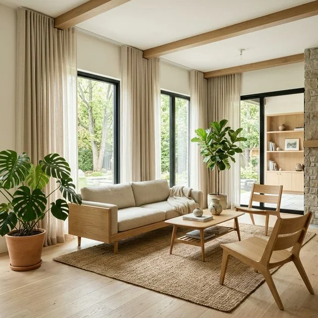 Salon contemporain de Sherbrooke montrant les tendances 2026 : rideaux en lin naturel couleur avoine avec pli wave tombant du plafond au plancher, voilage léger en dessous, murs blanc cassé, plantes vertes, mobilier en bois clair, lumière naturelle abondante