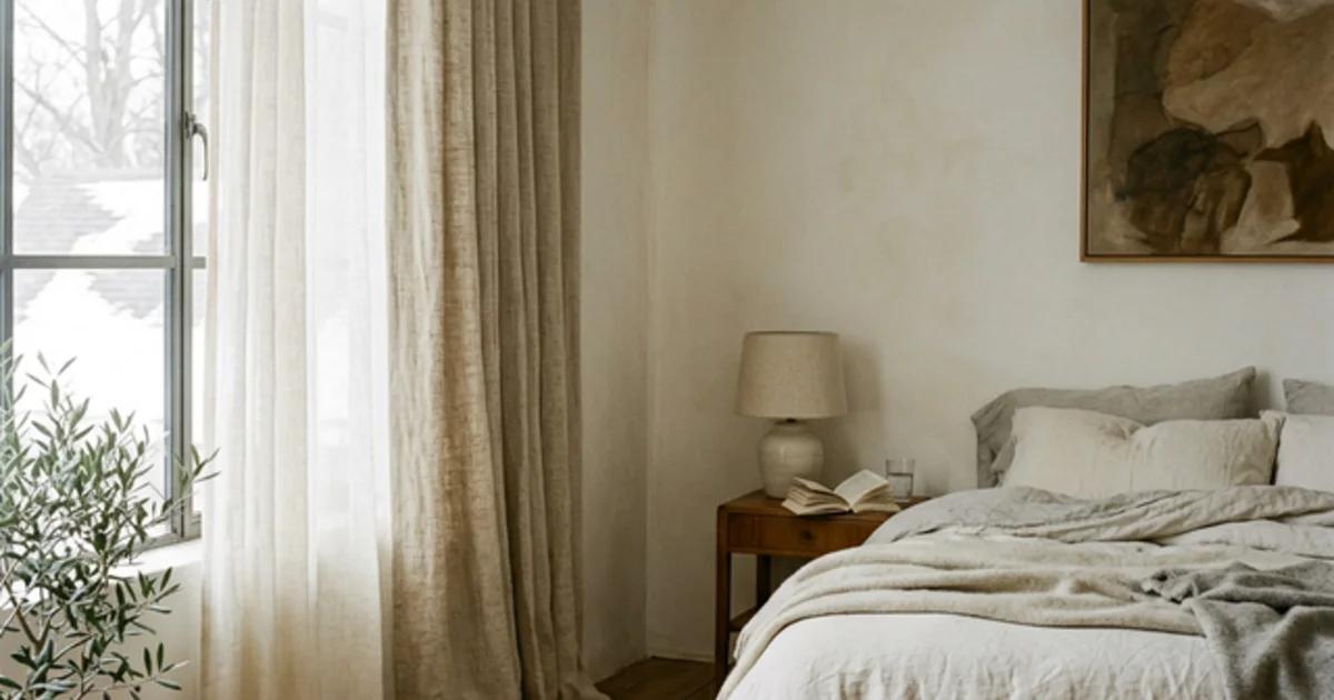 Chambre avec doubles rideaux — voile blanc et rideau en lin épais, lumière douce de février
