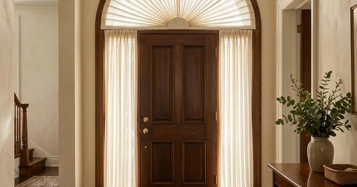 Intérieur résidentiel lumineux avec une fenêtre demi-lune au-dessus d'une porte d'entrée, habillée d'un pli rayonnant artisanal en lin écru qui s'ouvre comme un éventail depuis le centre supérieur, finition tailleur à la base, mur en plâtre crème, plancher en bois foncé, lumière du matin qui traverse le tissu fin